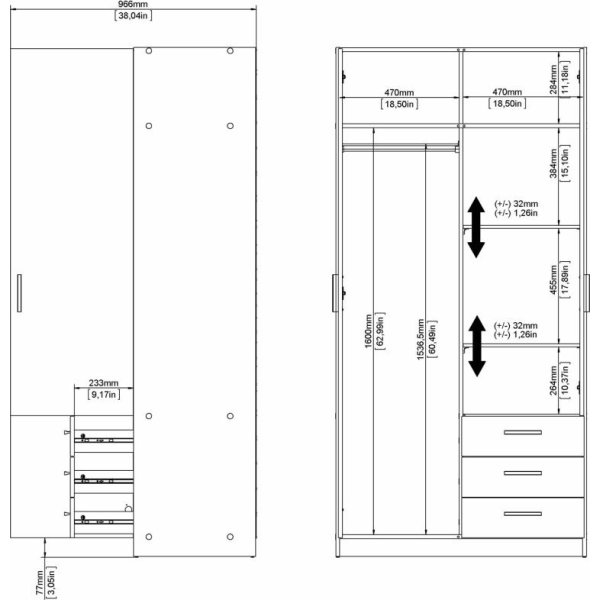 Coreline garderobeskab m. 2 døre/3 skuf., mat grå