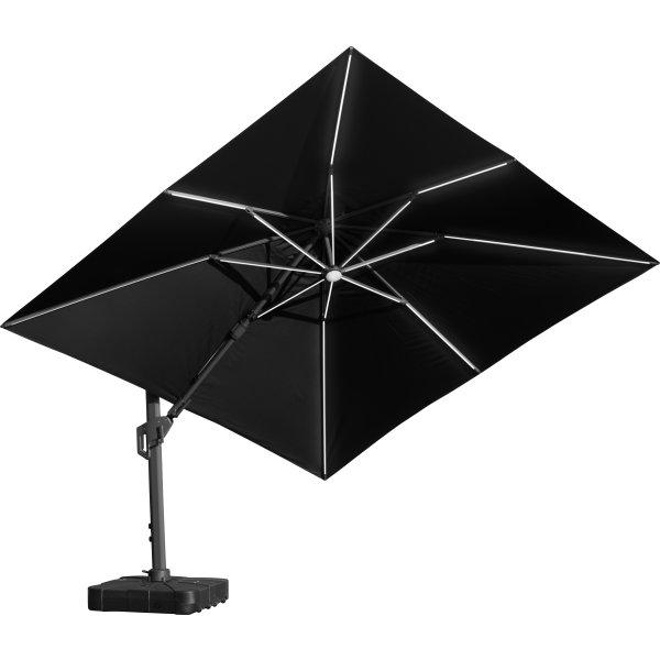 Hængeparasol 3,5x3,5m,fod,m/hjul,overtræk,LED,sort