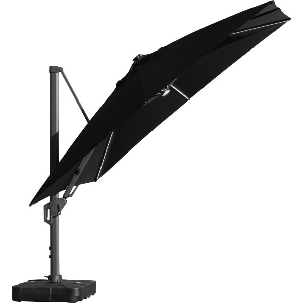 Hängparasoll 3,5x3,5m,fot,med hjul,lock,LED,svart