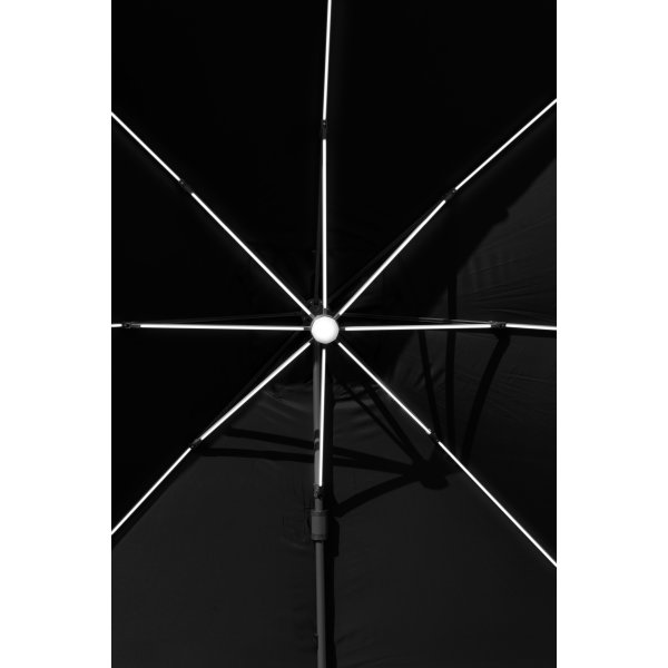 Hængeparasol 3,5x3,5m,fod,m/hjul,overtræk,LED,sort