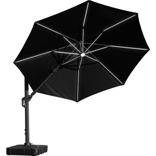 Hängparasoll Ø3,5m m/fot/hjul+överdrag+LED, svart