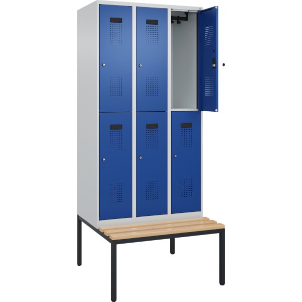 CP garderobeskab, 3x2 rum, Bænk,Hængelås, Grå/Blå