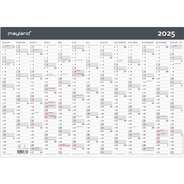 Mayland 2025 Moderne kontorkalender, A3, 1x13 mdr.