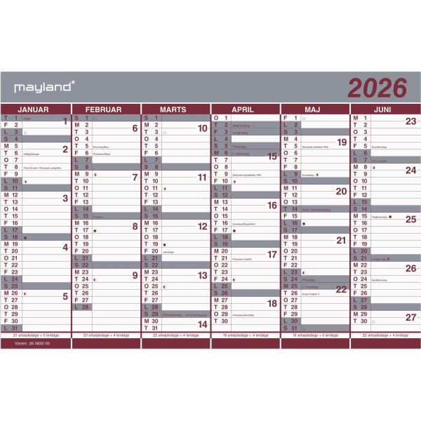 Mayland 2026 Dobbelt halvårskalender