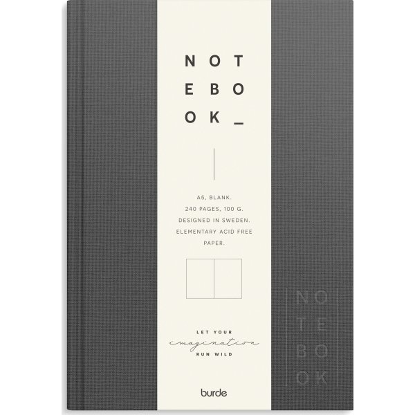 Burde Notesbog, tekstil, A5, blank, dark grey