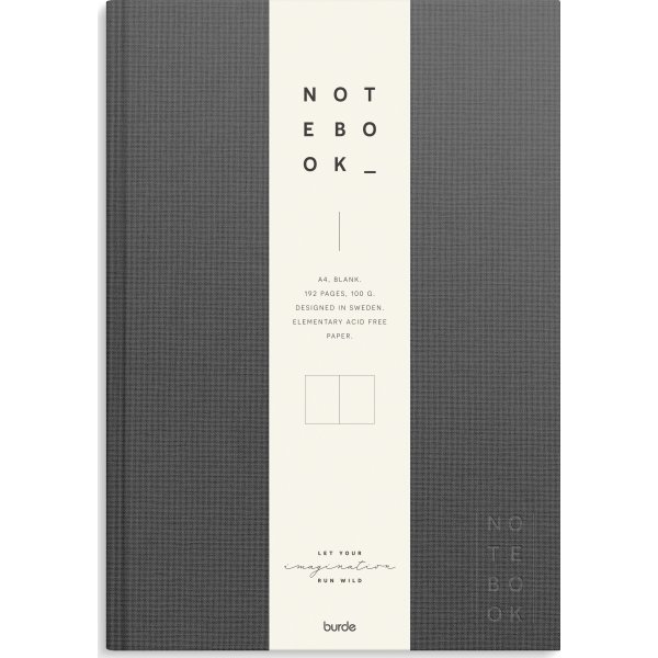 Burde Notesbog, tekstil, A4, blank, dark grey