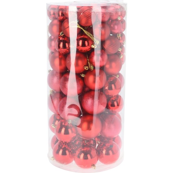 Æske m/Julekugler, 100 stk, 5 størelser, rød