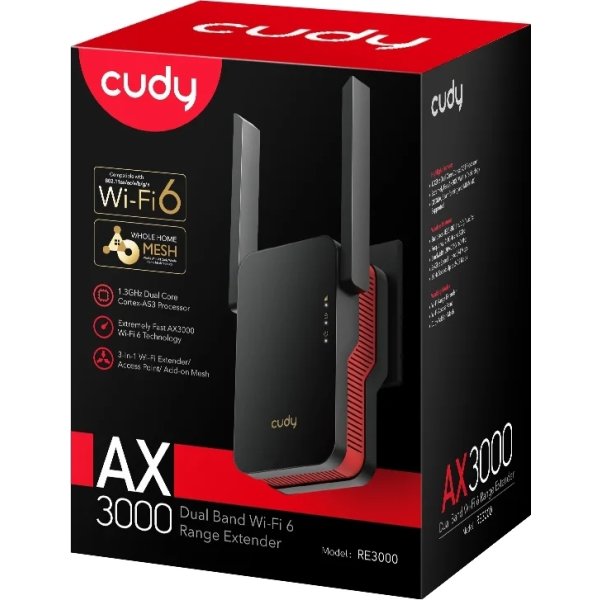 CUDY Wi-Fi Forlænger RE3000 AX3000 Mesh, sort