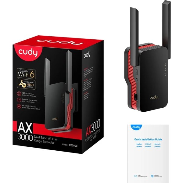 CUDY Wi-Fi Forlænger RE3000 AX3000 Mesh, sort