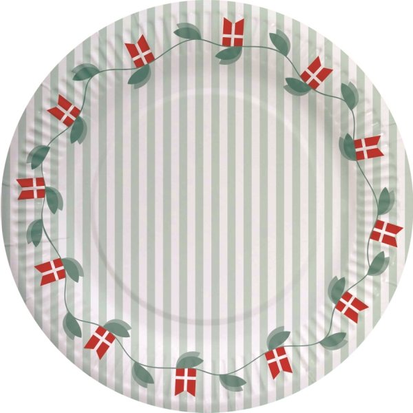 Engangstallerken, DK flag med blade, Ø18cm, 8 stk