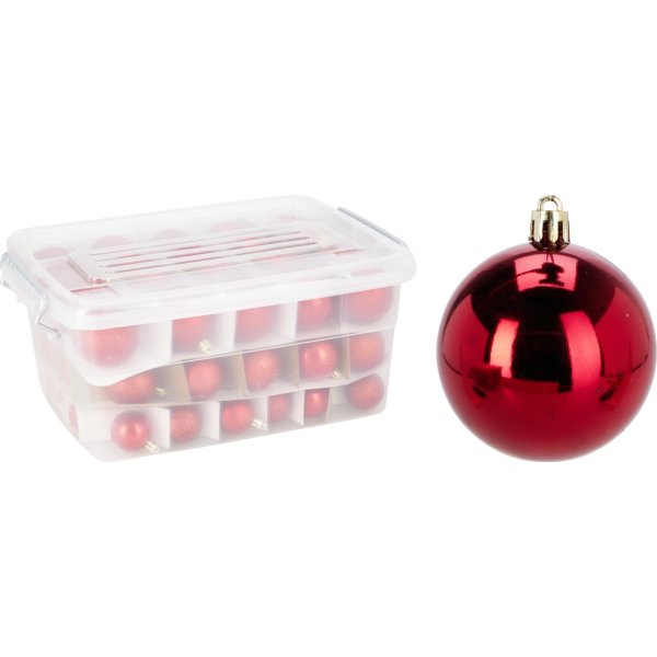 Æske m/Julekugler, røde, 70 stk., 40-50-60mm