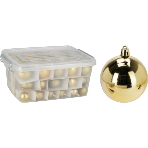 Æske m/Julekugler, guld, 70 stk., 40-50-60mm