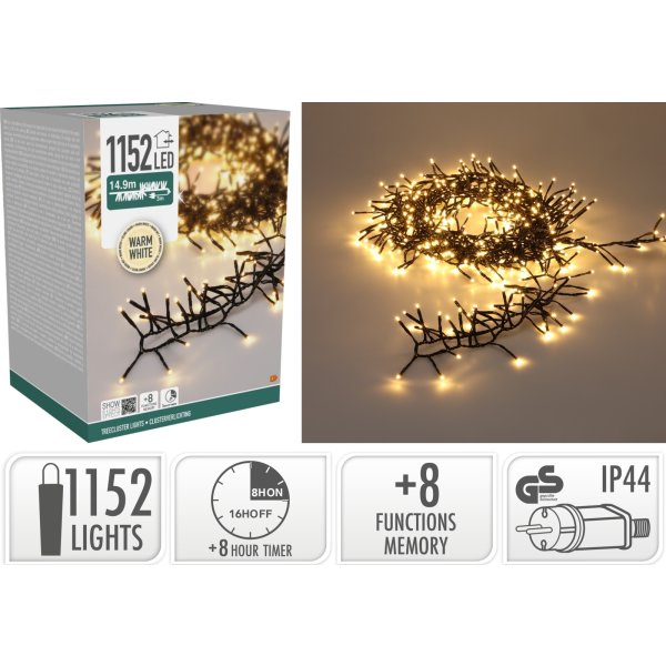 Cluster Lyskæde m/1152 LED, 14,9 meter, varm hvid