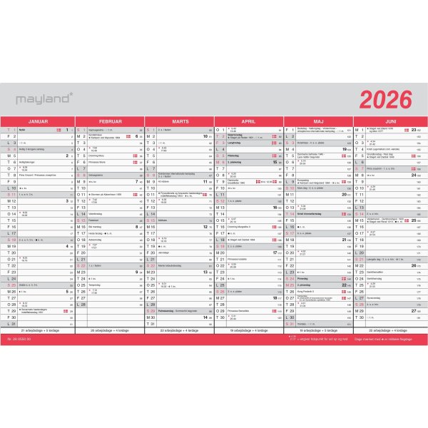 Mayland 2026 Kontorkalender m. flagdage