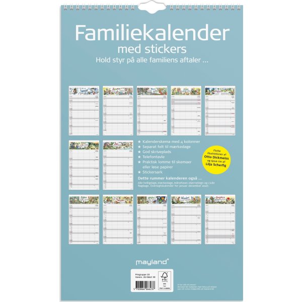 Mayland 2026 Familiekalender m. stickers, 4 kol.