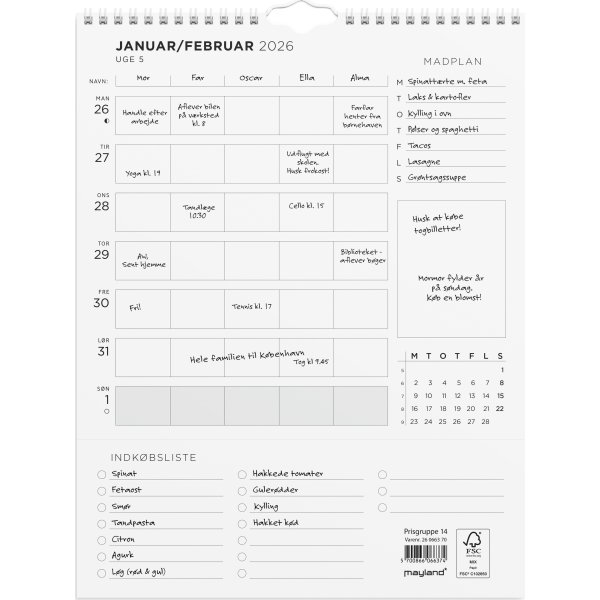 Mayland 2026 Familiekalender Ugeplan m. lister