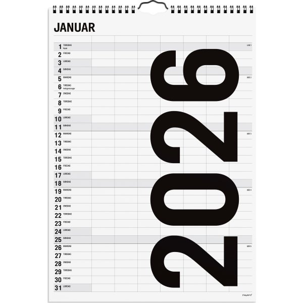 Mayland 2026 Familiekalender Black & White, 7 kol.