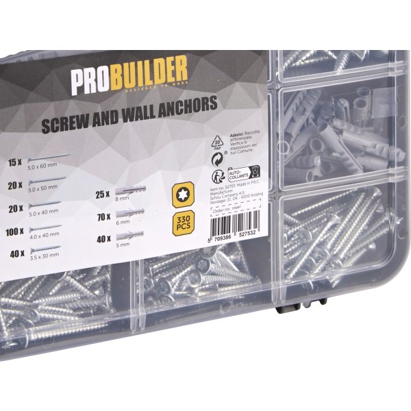 Probuilder Spånpladeskruesæt m/rawlplugs 330 dele