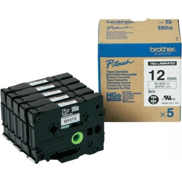 Brother HGe231V5 labeltape 12mm, sort på hvid