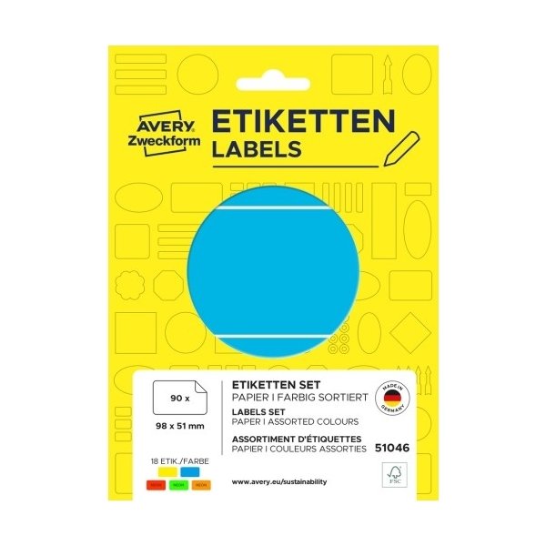 Avery 51046 Farvede etiketter, 98x51 mm, 90 stk.