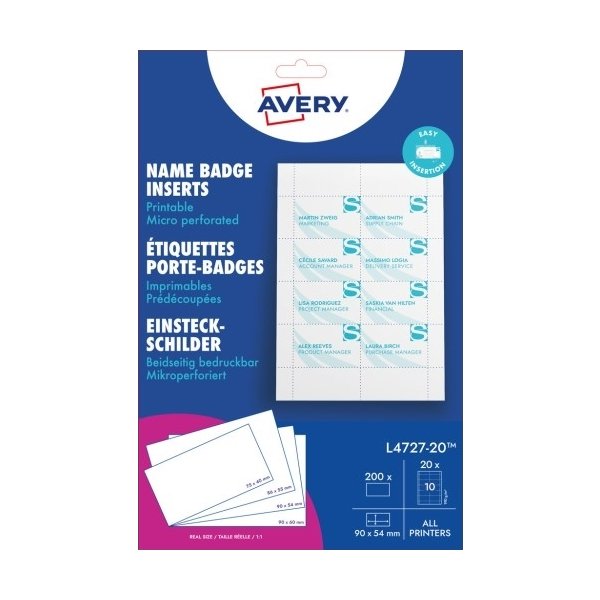 Avery L4727-20 Navneskilte-Indstik | 54x90 mm