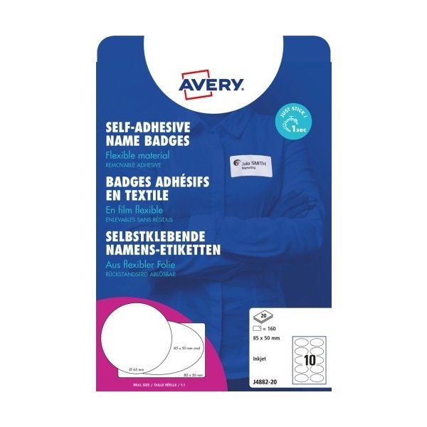 Avery J4882-20 Navneskilte, Oval 85x50mm, 200 stk.