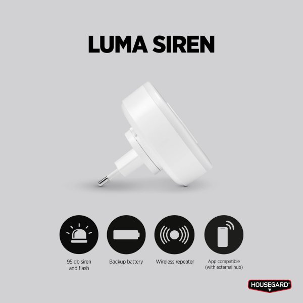 Housegard Luma, trådløs sirene, 230V inkl. batteri