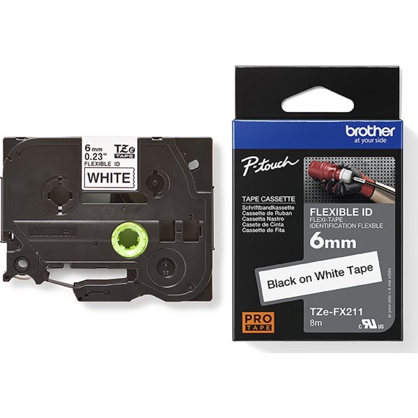 Brother TZe-FX211 labeltape 6mm, sort på hvid