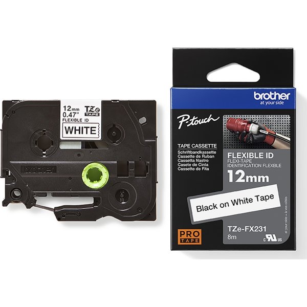 Brother TZe-FX231 labeltape 12mm, sort på hvid
