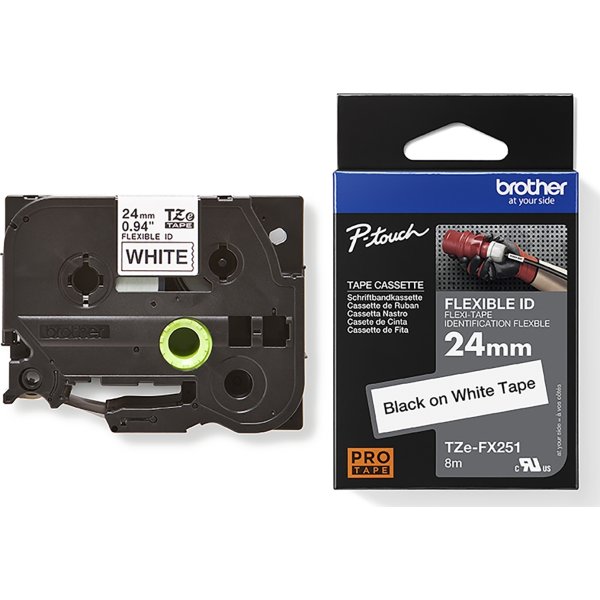 Brother TZe-FX251 labeltape 24mm, sort på hvid