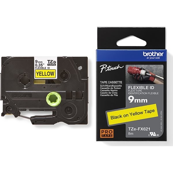 Brother TZe-FX621 labeltape 9mm, sort på gul