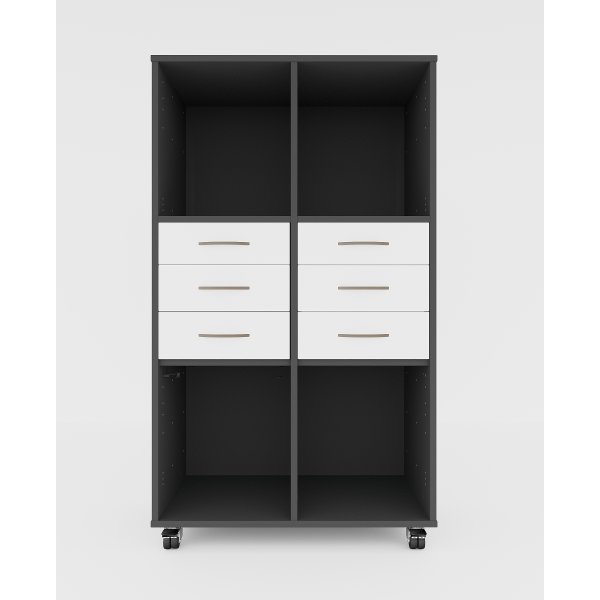 Stay reol m/6 rum og 6 hvide skuffer, m/ hjul