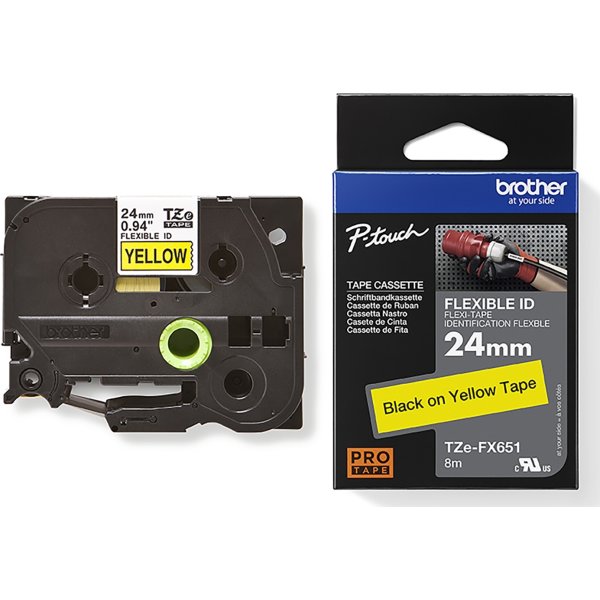 Brother TZe-FX651 labeltape 24mm, sort på gul