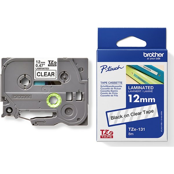 Brother TZe-131 labeltape 12mm, sort på klar