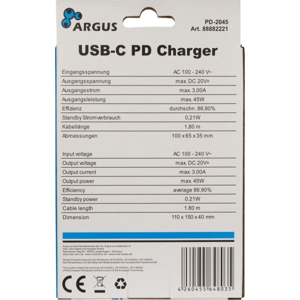 Inter-Tech PD-2045, Strømforsyningsadapter, 45Watt