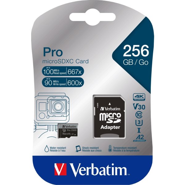 Verbatim Micro SDXC Kort PRO U3, 10 A2, 256GB