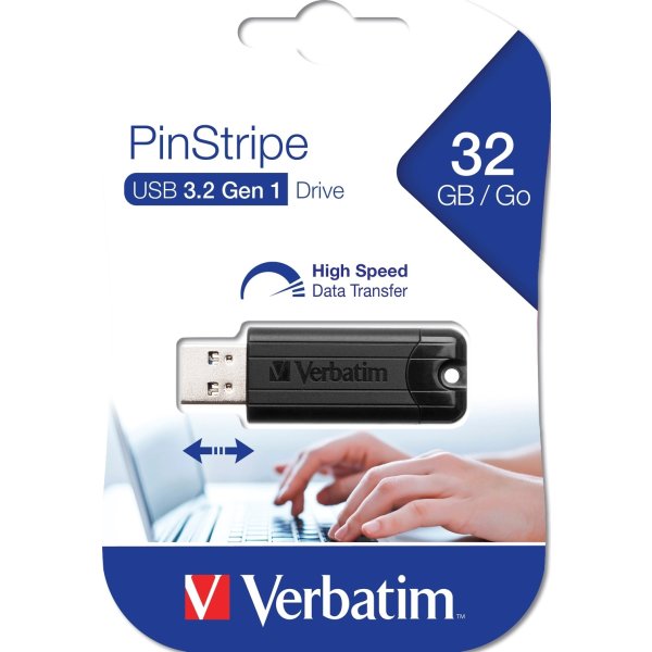 Verbatim USB 3.2, PinStripe, 32GB, Sort