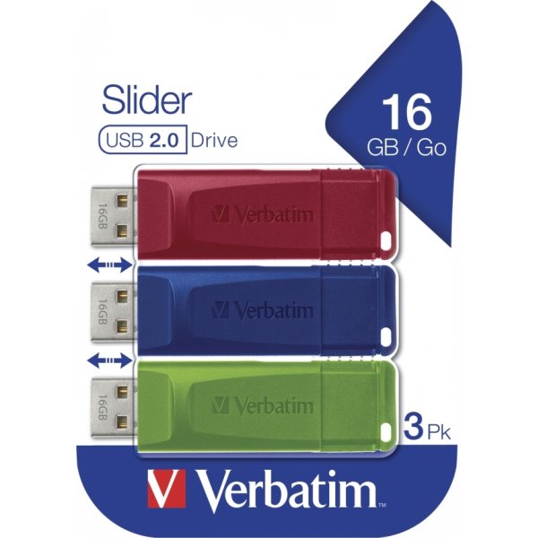 Verbatim USB-Nøgle, 16GB, (3-pack), Rød/Blå/Grøn