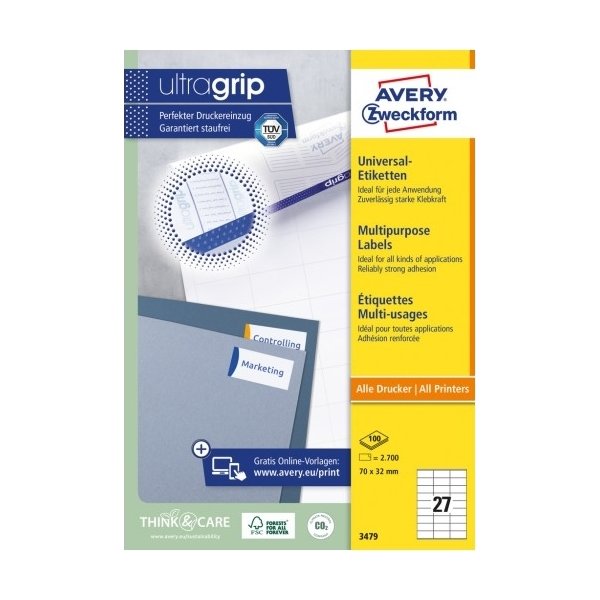 Avery 3459 universaletiketter, 70x32 mm, 2700 stk