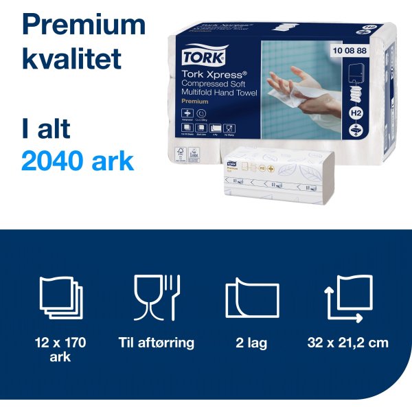 Tork H2 Compressed Prem. Håndklædeark Z-Fold 12 pk