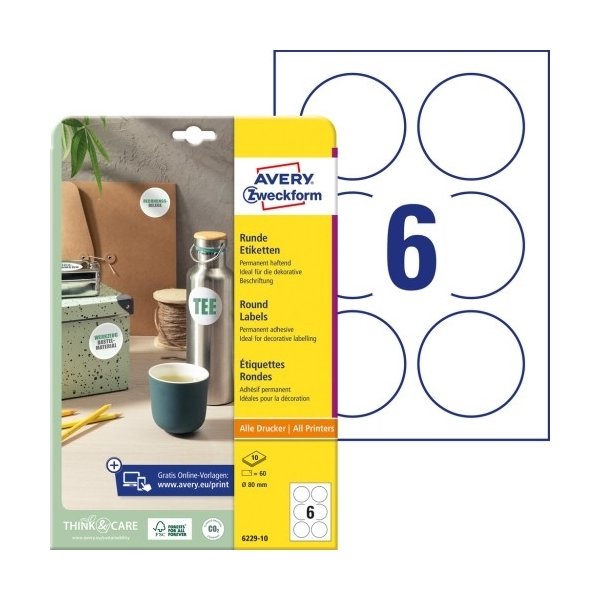 Avery runde produktetiketter | Ø 80 mm | 60 stk.