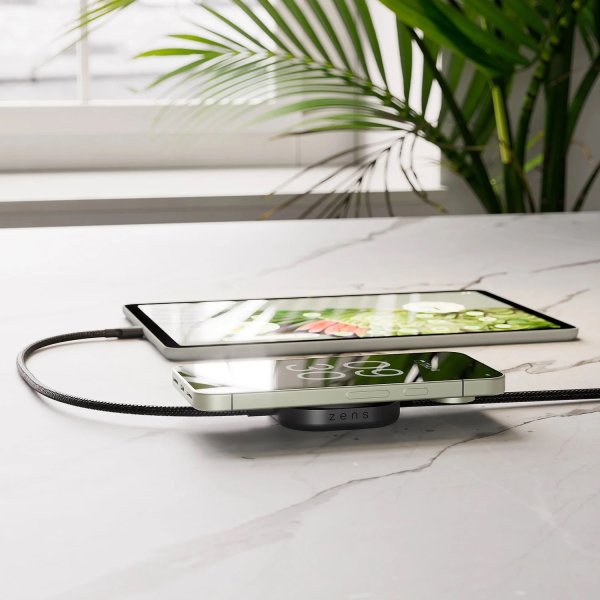 ZENS Trådløs oplader + USB-C, QI2, Sort