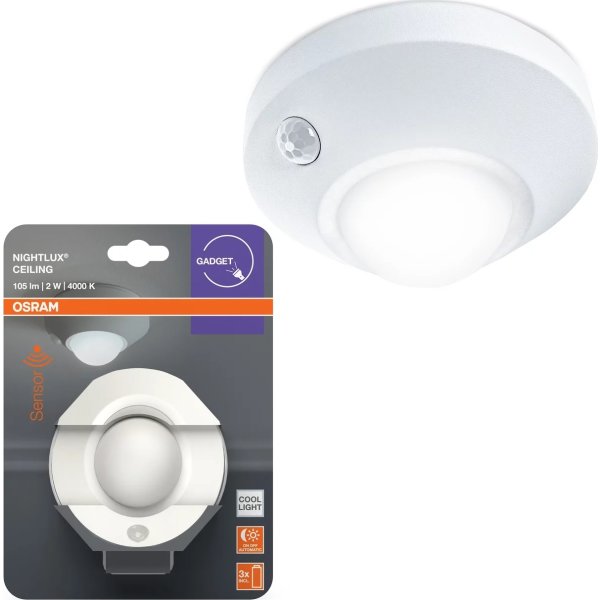 Osram Nightlux Ceiling - Lampada LED A Batteria Con Sensore Di Movimento E Crepuscolare - Luce Notturna, Torcia E Sicurezza Wireless Per Interni Ed Esterni