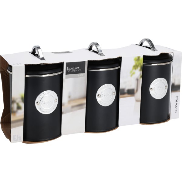 Opbevaringsdåser til kaffe/te/sukker, sort, metal