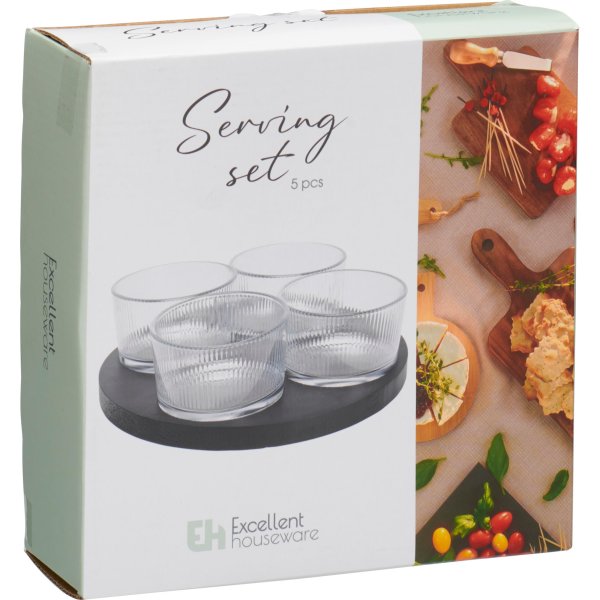 Skålesæt, 4 glasskåle, sort træbakke