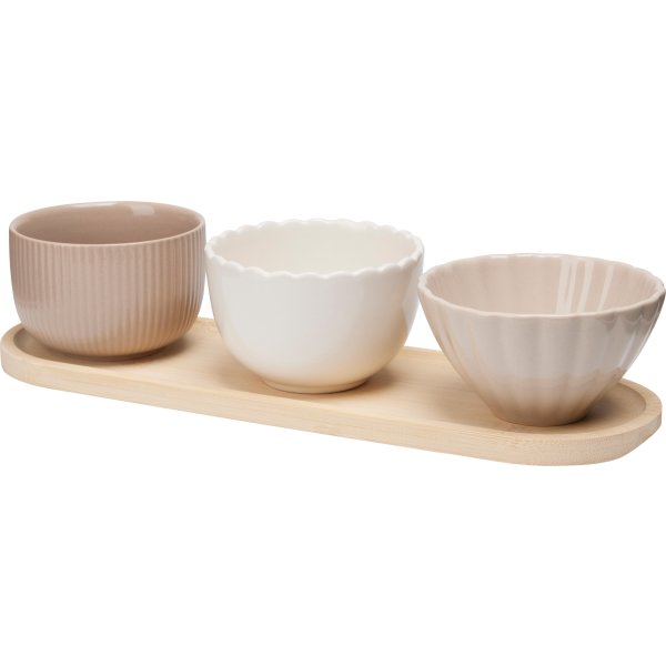 Skålesæt, 3 stentøjsskåle, bambusbakke