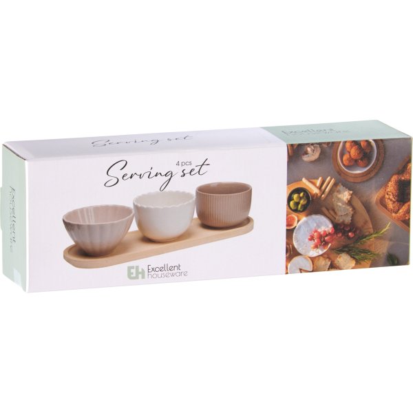 Skålesæt, 3 stentøjsskåle, bambusbakke