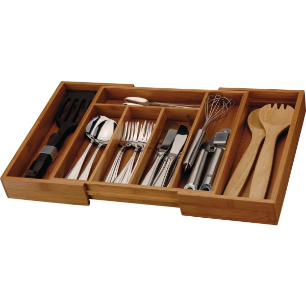 Bestikbakke med udtræk, bambus, 34x28-45x5 cm.