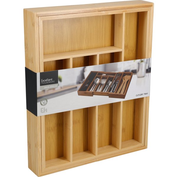 Bestikbakke med udtræk, bambus, 34x28-45x5 cm.