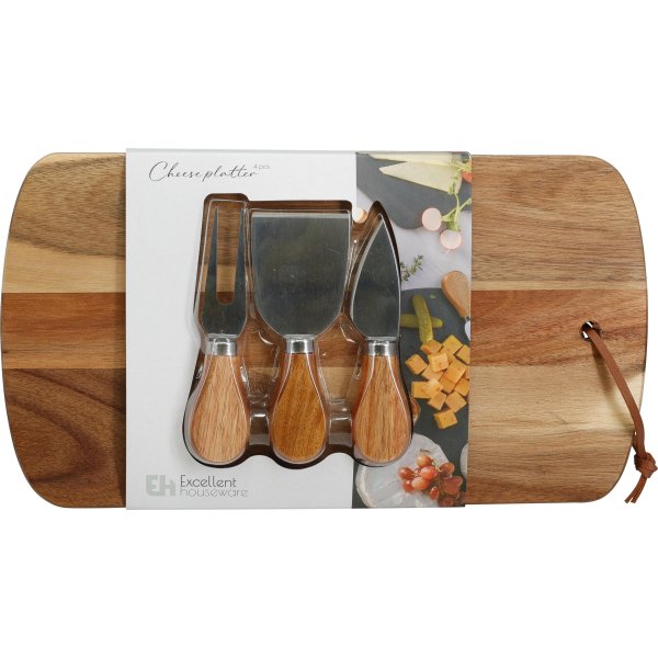 Ostebræt med knive, akacie træ, 4 dele